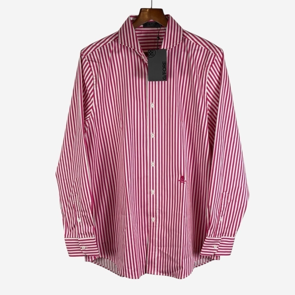NWT G/FORE Modern Spread Collar Performance Striped Dress Shirt Pink Large $185
